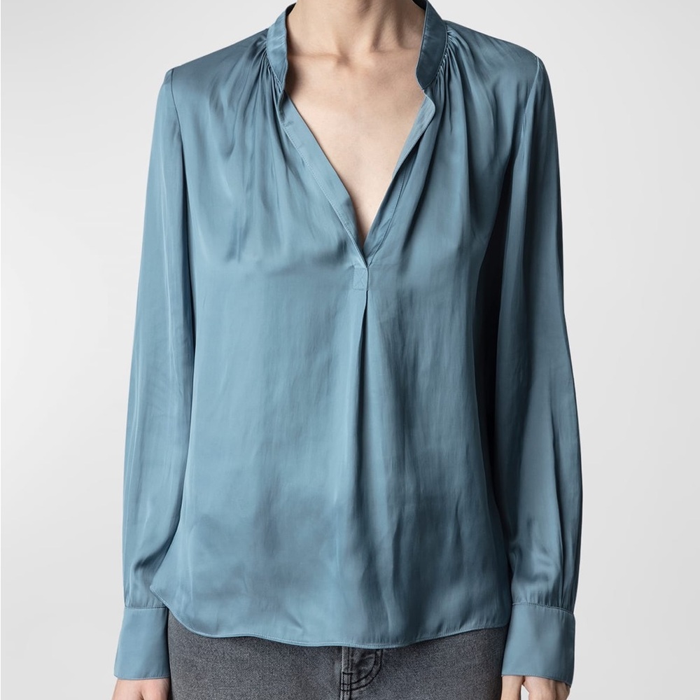 New Zadig & Voltaire Tink band-collar satin blouse blue XS